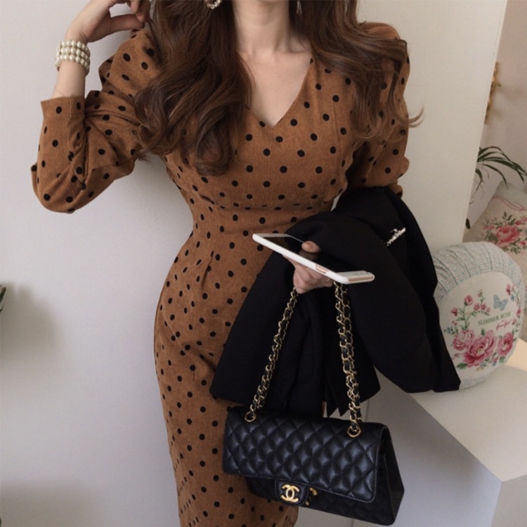 ドット柄 長袖 コーデュロイ ミモレ丈ワンピース