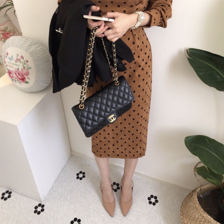 ドット柄 長袖 コーデュロイ ミモレ丈ワンピース