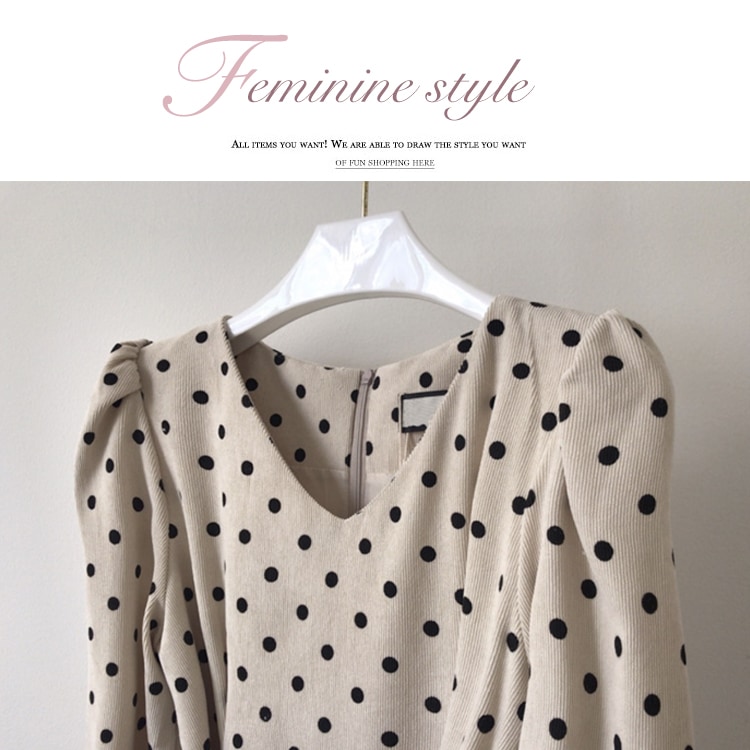 ドット柄 長袖 コーデュロイ ミモレ丈ワンピース