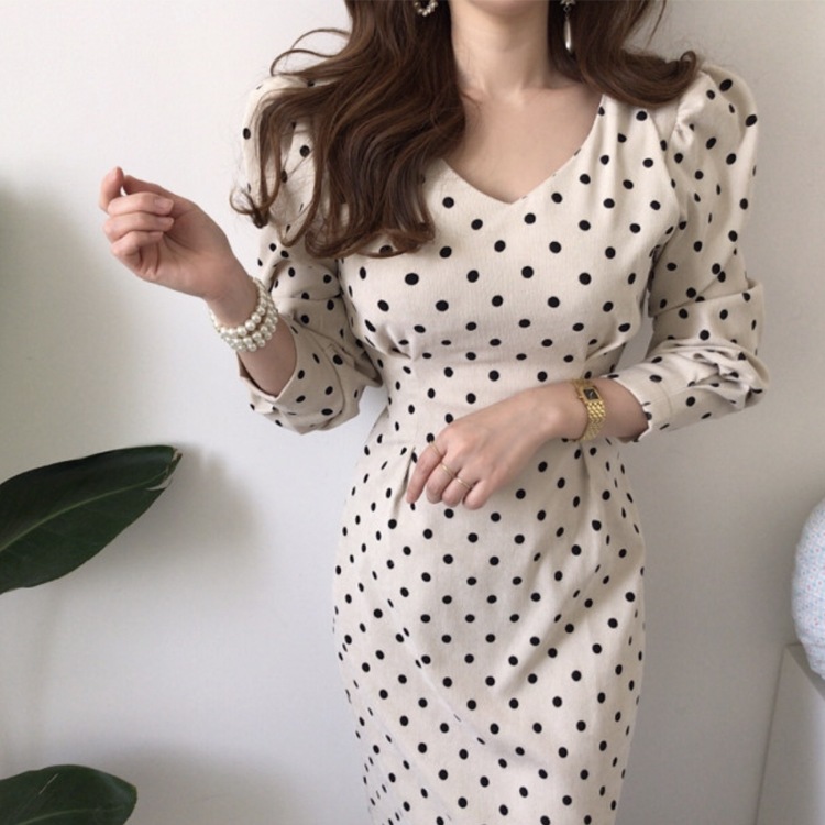 ドット柄 長袖 コーデュロイ ミモレ丈ワンピース