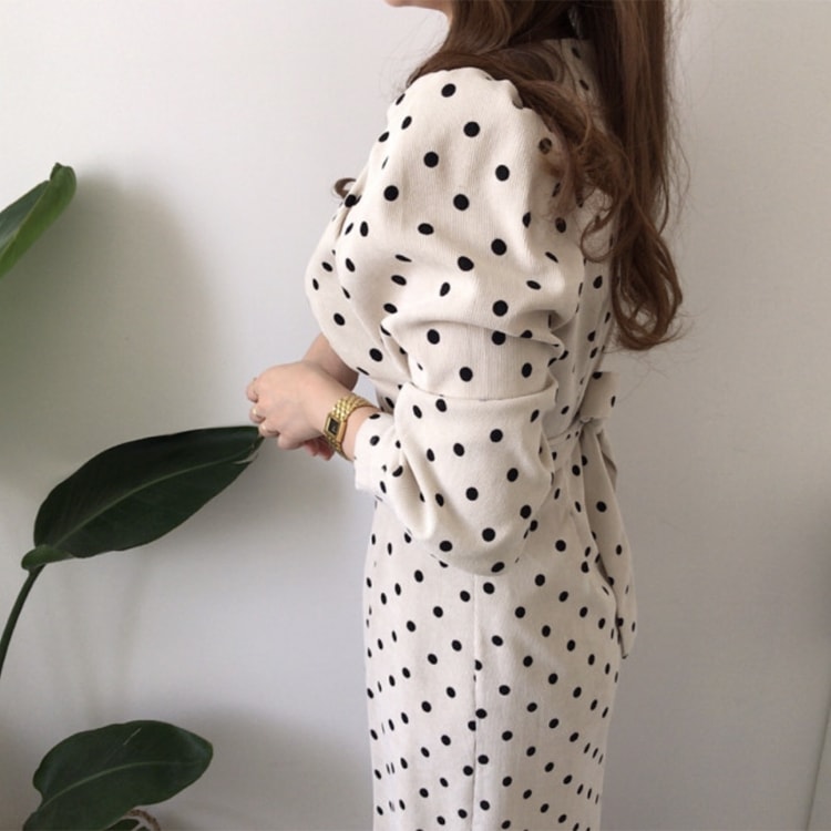 ドット柄 長袖 コーデュロイ ミモレ丈ワンピース