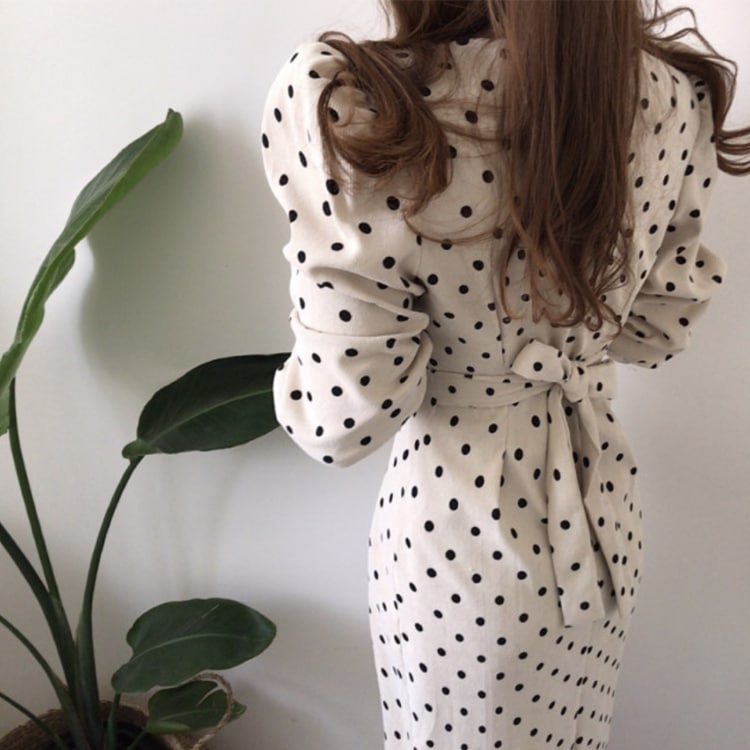 ドット柄 長袖 コーデュロイ ミモレ丈ワンピース