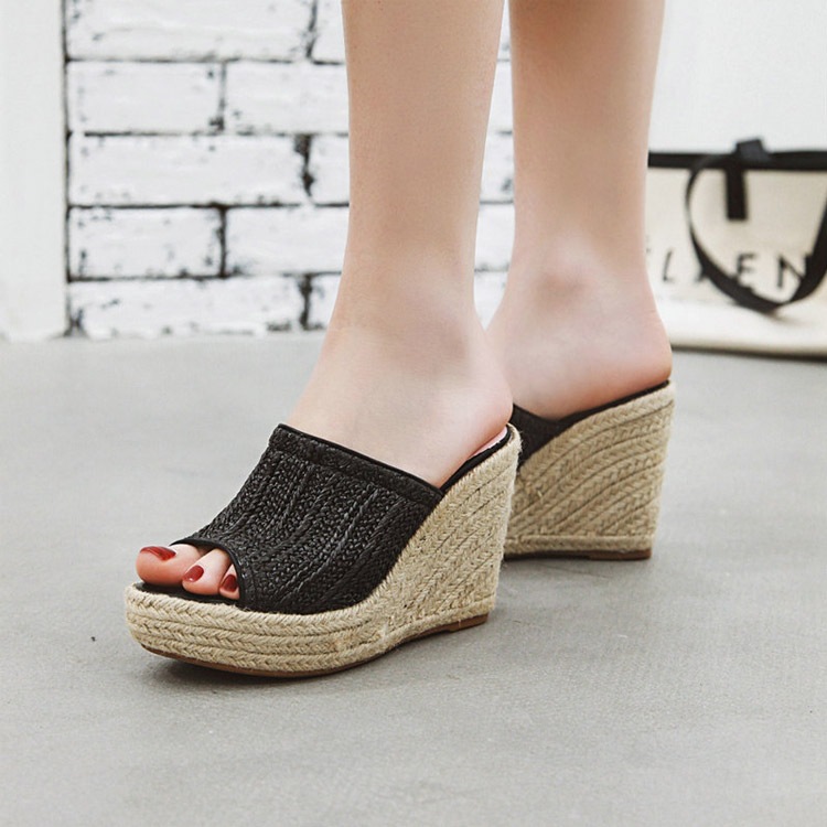 編みデザイン オープントゥ ウェッジサンダル