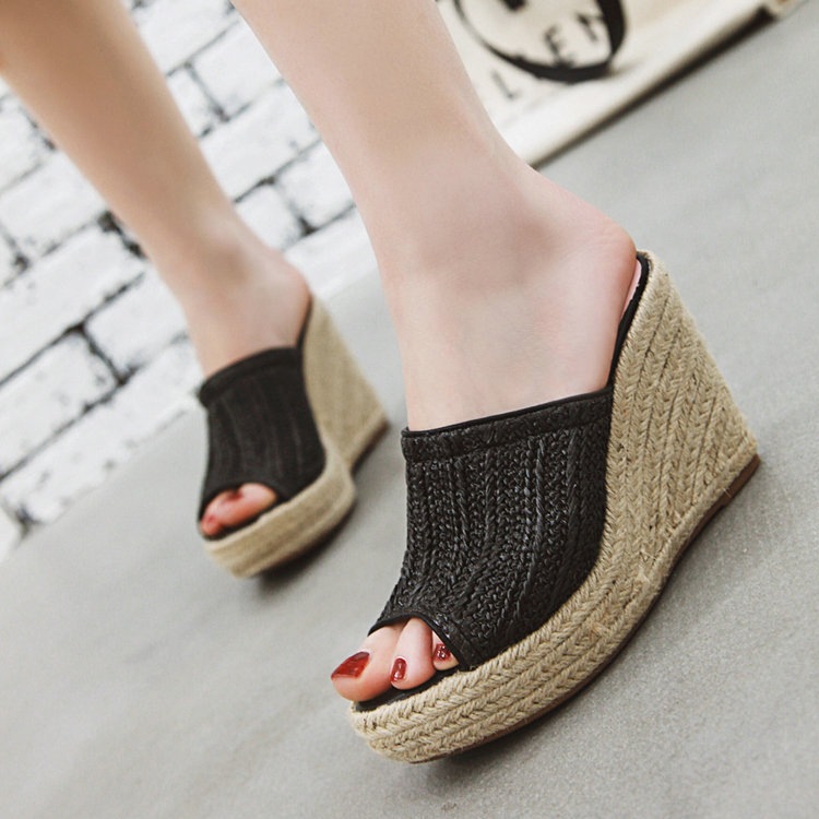 編みデザイン オープントゥ ウェッジサンダル