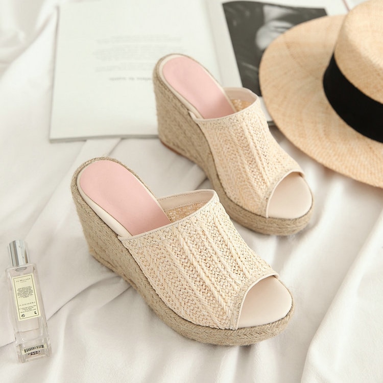 編みデザイン オープントゥ ウェッジサンダル