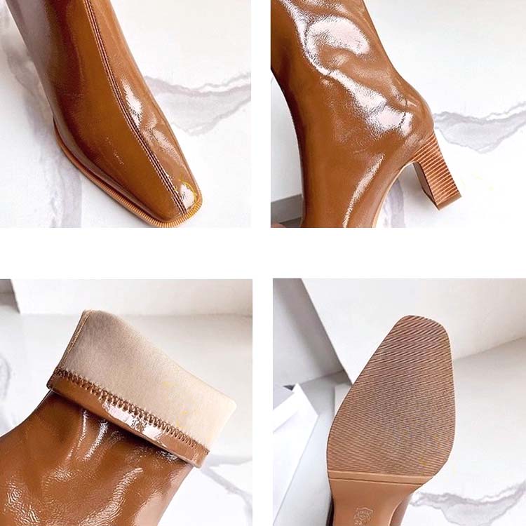 チャンキーヒール ポインテッドトゥ エナメル ハーフブーツ