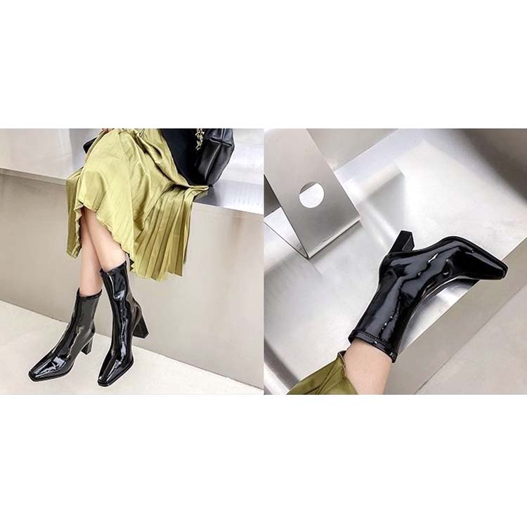 チャンキーヒール ポインテッドトゥ エナメル ハーフブーツ