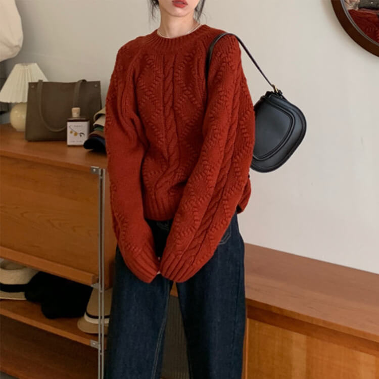 クルーネック ダイヤ柄 ケーブル編み レトロ ニットトップス