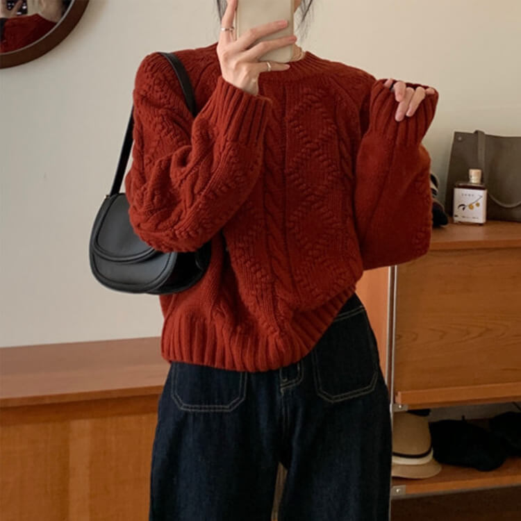 クルーネック ダイヤ柄 ケーブル編み レトロ ニットトップス