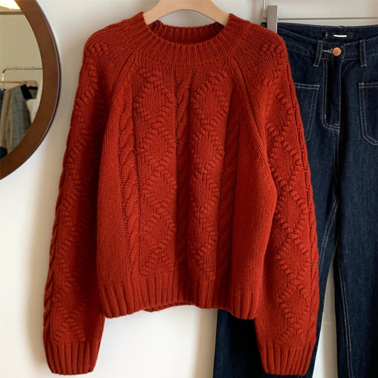 クルーネック ダイヤ柄 ケーブル編み レトロ ニットトップス