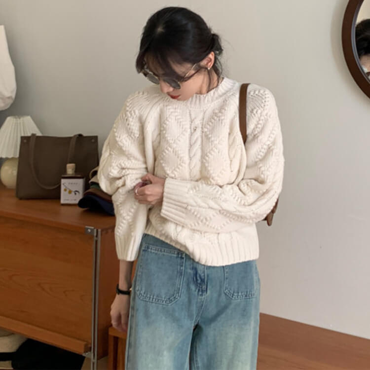 クルーネック ダイヤ柄 ケーブル編み レトロ ニットトップス