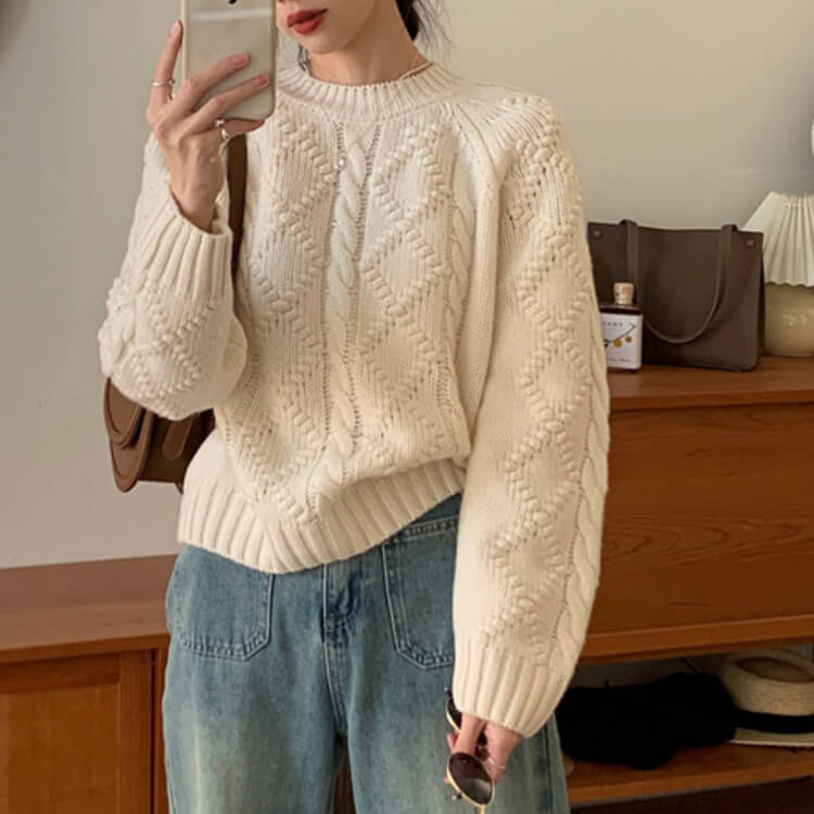 クルーネック ダイヤ柄 ケーブル編み レトロ ニットトップス