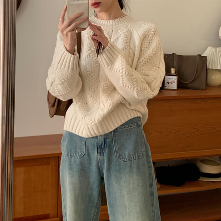 クルーネック ダイヤ柄 ケーブル編み レトロ ニットトップス