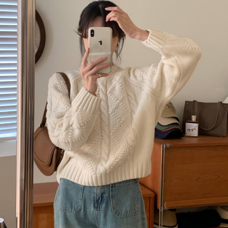 クルーネック ダイヤ柄 ケーブル編み レトロ ニットトップス