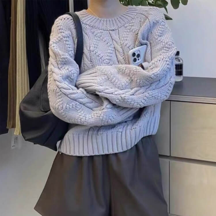 クルーネック ダイヤ柄 ケーブル編み レトロ ニットトップス