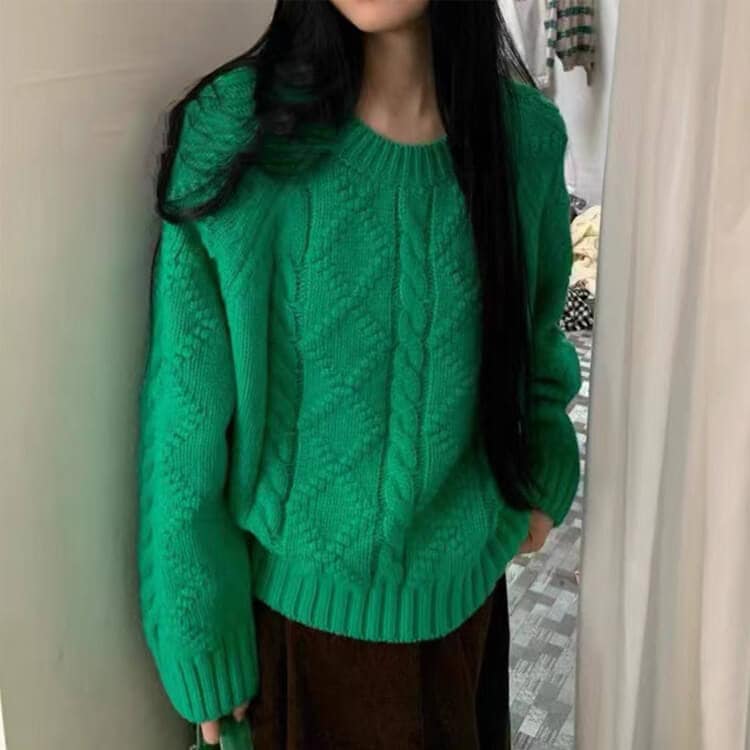 クルーネック ダイヤ柄 ケーブル編み レトロ ニットトップス