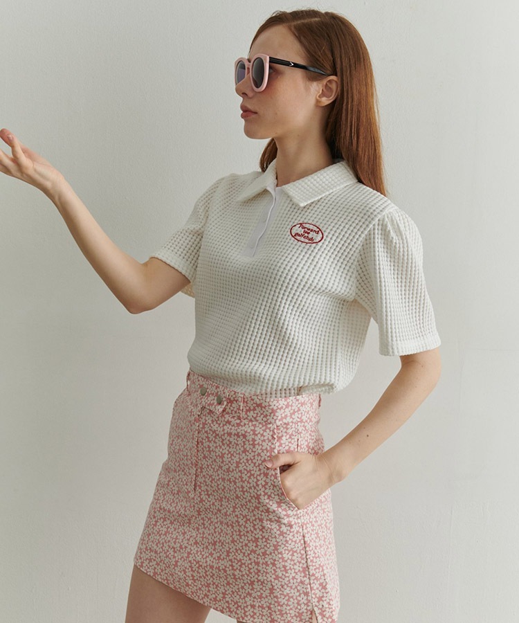 韓国ゴルフウェア パフスリーブ ワッフル ポロシャツ