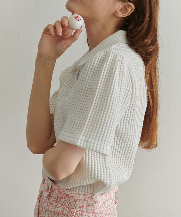 韓国ゴルフウェア パフスリーブ ワッフル ポロシャツ