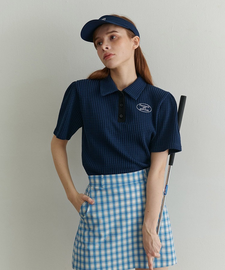 韓国ゴルフウェア パフスリーブ ワッフル ポロシャツ