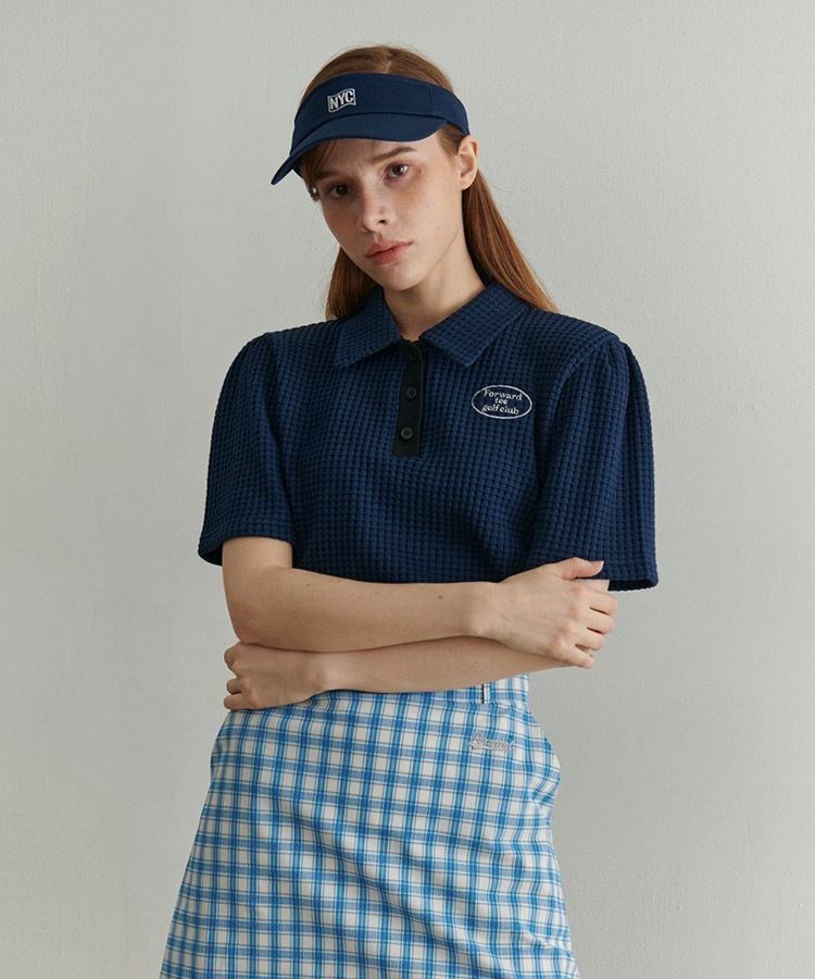 韓国ゴルフウェア パフスリーブ ワッフル ポロシャツ