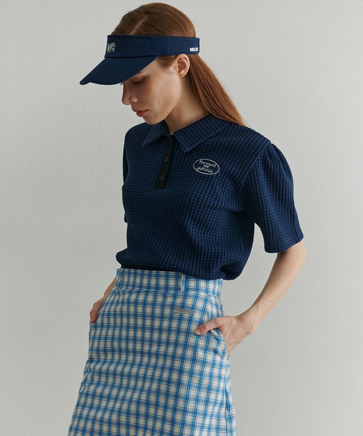 韓国ゴルフウェア パフスリーブ ワッフル ポロシャツ