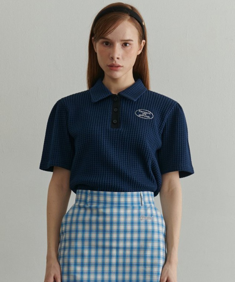 韓国ゴルフウェア パフスリーブ ワッフル ポロシャツ