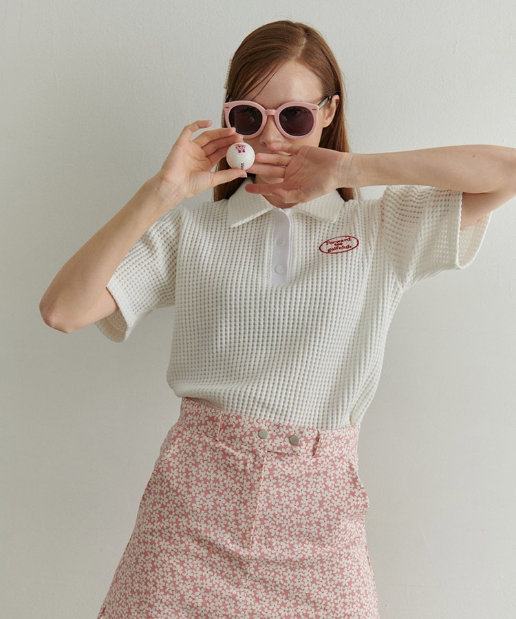 韓国ゴルフウェア パフスリーブ ワッフル ポロシャツ