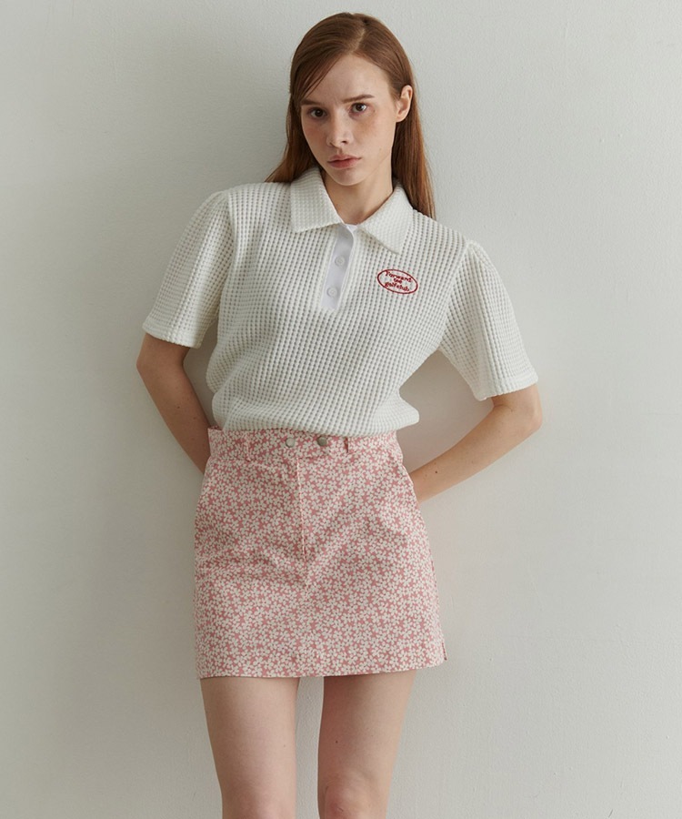 韓国ゴルフウェア パフスリーブ ワッフル ポロシャツ