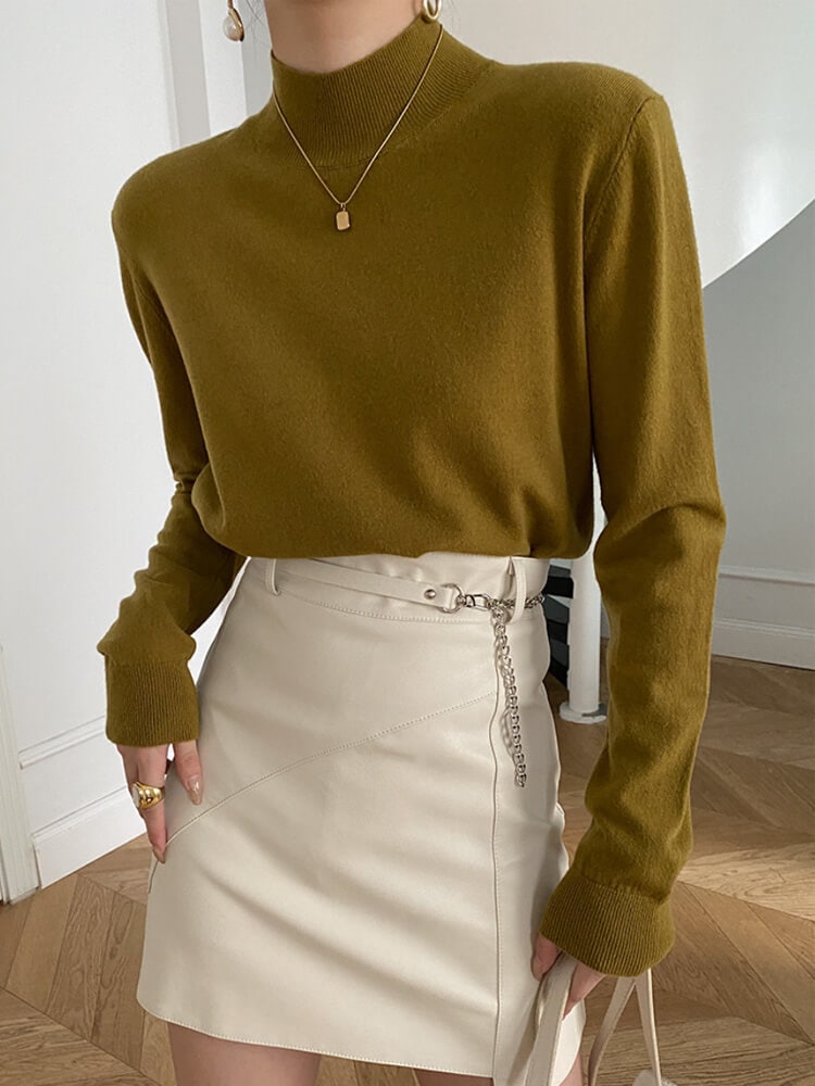 ゆったりシンプル ハイネック ニットトップス