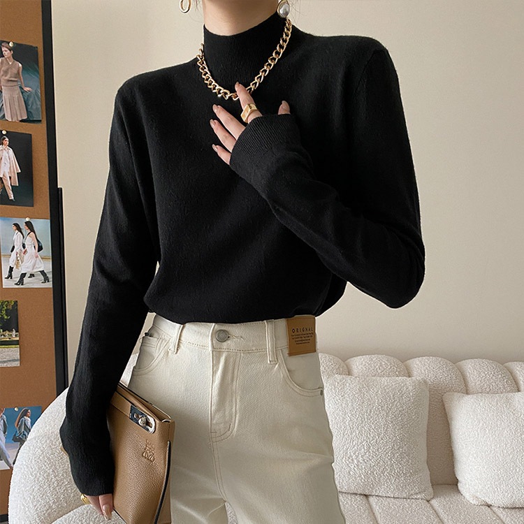 ゆったりシンプル ハイネック ニットトップス