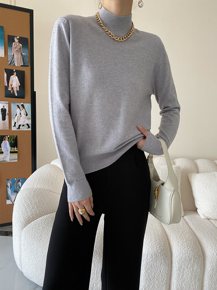 ゆったりシンプル ハイネック ニットトップス