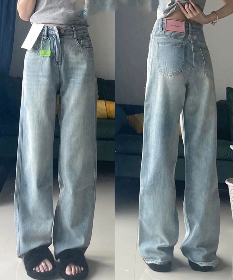ライトブルー ワイド ストレート 柔らか デニムパンツ