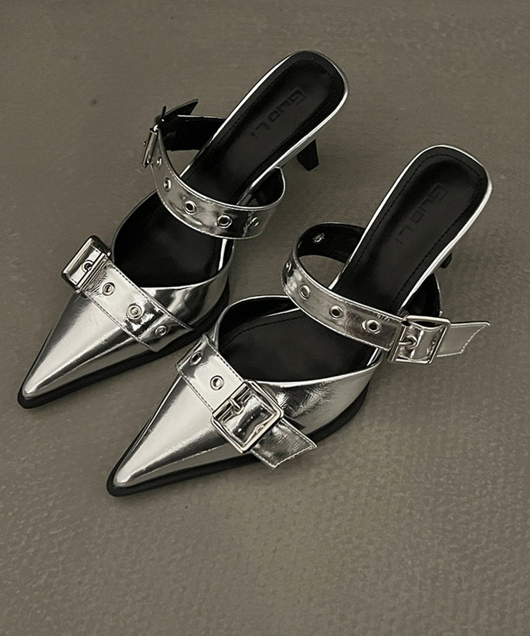 レザーバックルベルト ハイヒール サンダル