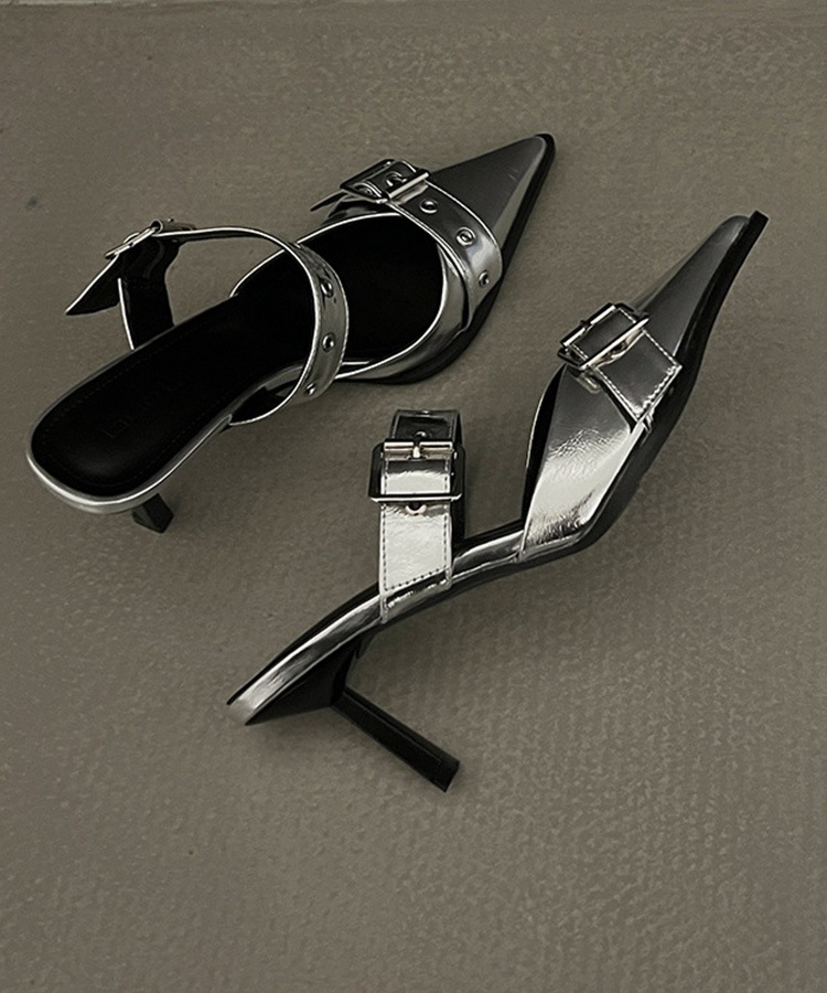 レザーバックルベルト ハイヒール サンダル