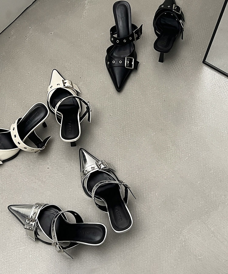 レザーバックルベルト ハイヒール サンダル