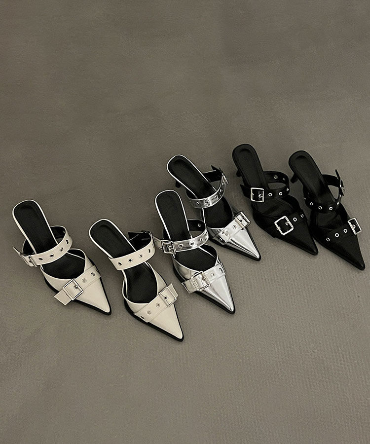 レザーバックルベルト ハイヒール サンダル