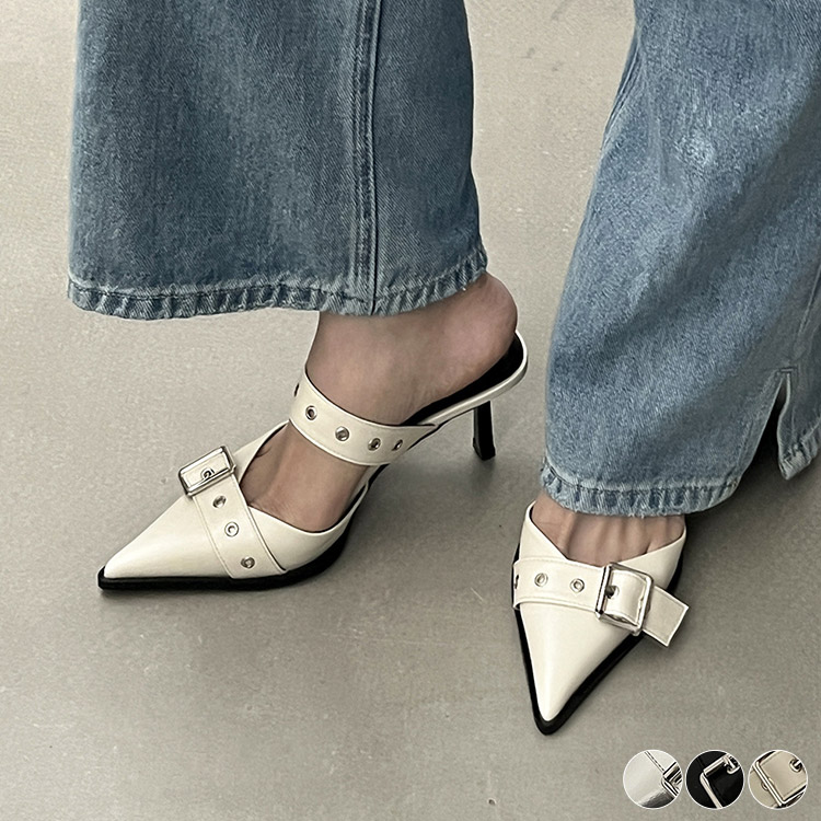 レザーバックルベルト ハイヒール サンダル