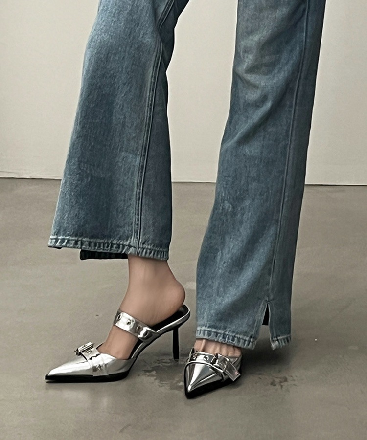 レザーバックルベルト ハイヒール サンダル