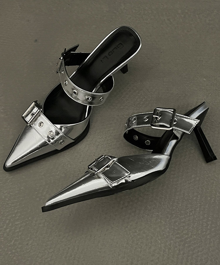 レザーバックルベルト ハイヒール サンダル