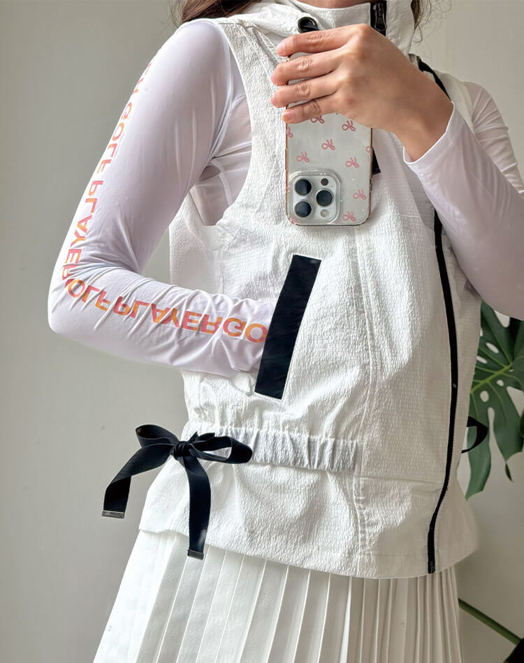 韓国ゴルフウェア フード付き フリル リボン ベスト