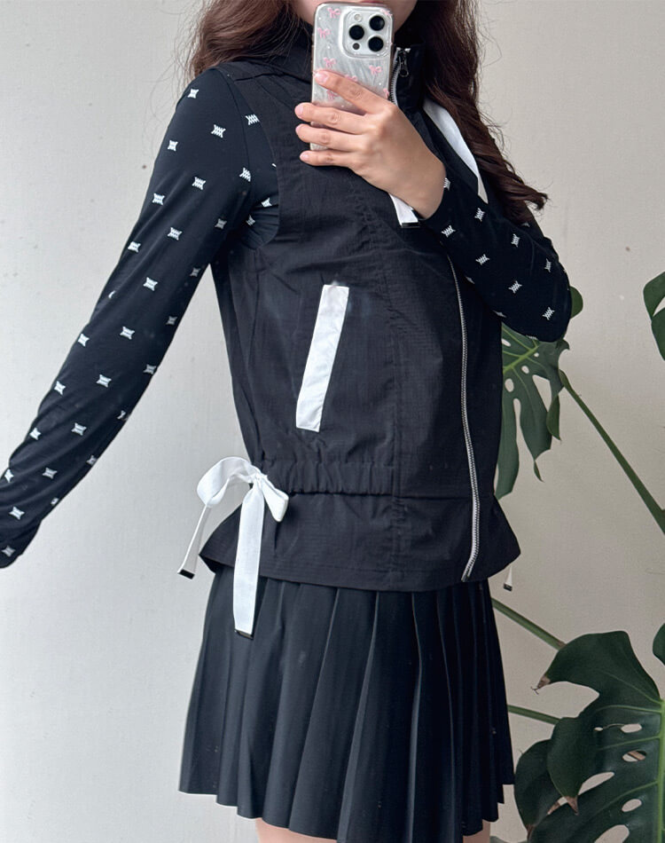 韓国ゴルフウェア フード付き フリル リボン ベスト