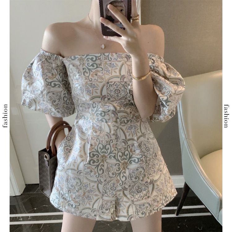 プリント柄 ボリューム袖 ショート丈 サロペット