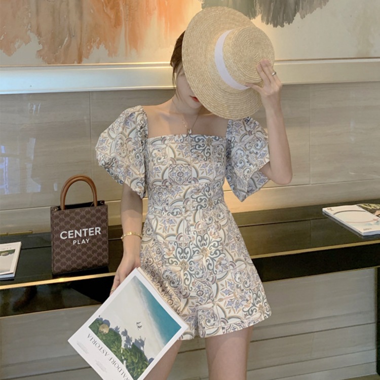 プリント柄 ボリューム袖 ショート丈 サロペット