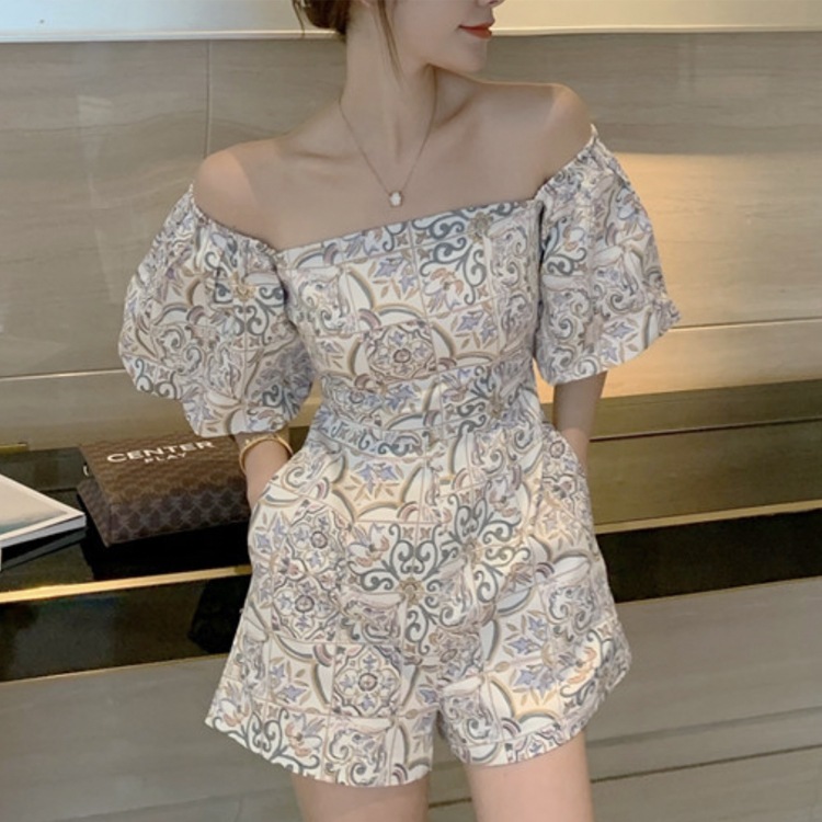 プリント柄 ボリューム袖 ショート丈 サロペット