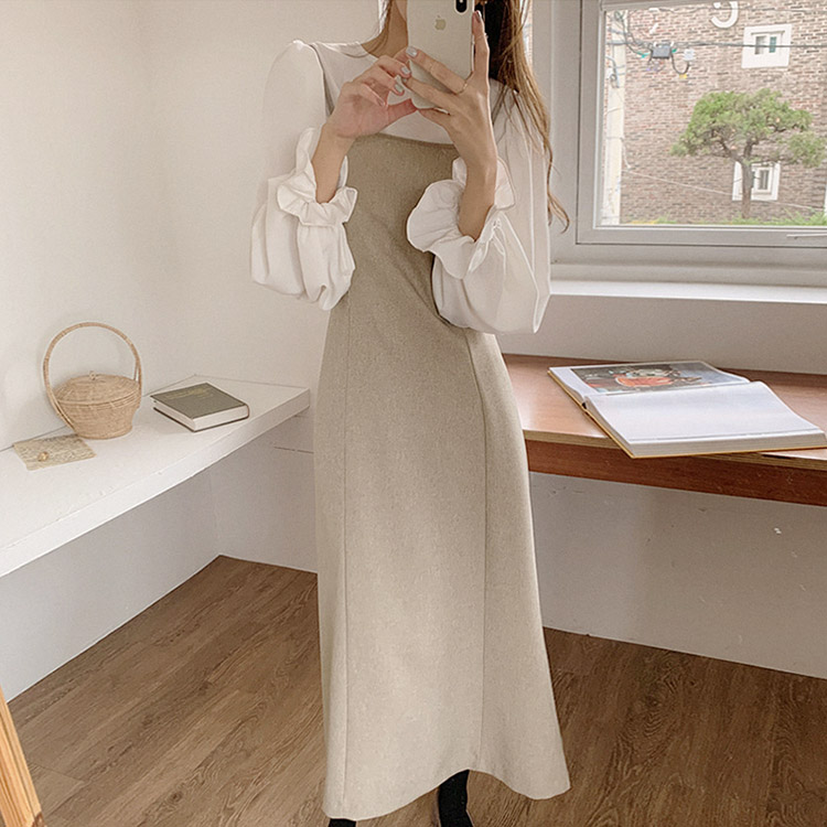 2点セット フリル長袖ブラウス ミモレ丈キャミワンピース