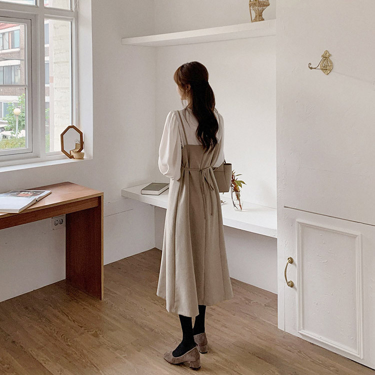 2点セット フリル長袖ブラウス ミモレ丈キャミワンピース