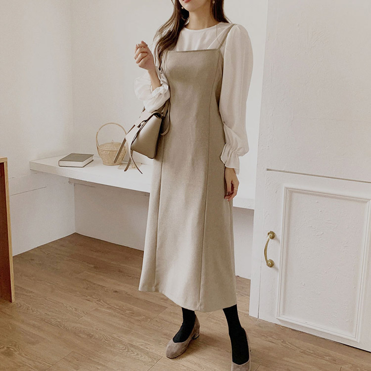 2点セット フリル長袖ブラウス ミモレ丈キャミワンピース