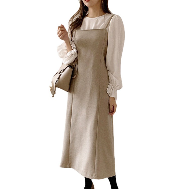 2点セット フリル長袖ブラウス ミモレ丈キャミワンピース