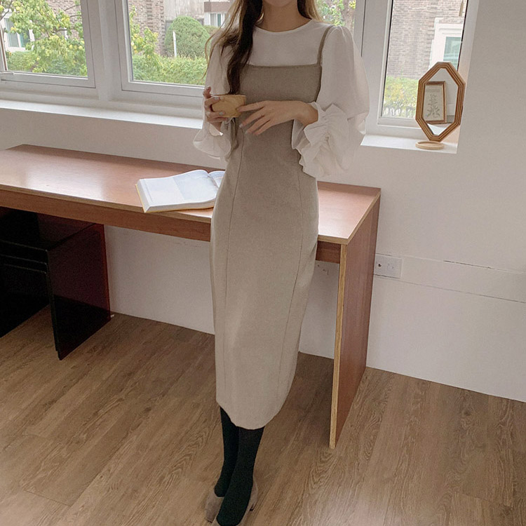 2点セット フリル長袖ブラウス ミモレ丈キャミワンピース