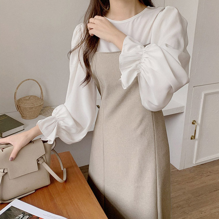 2点セット フリル長袖ブラウス ミモレ丈キャミワンピース